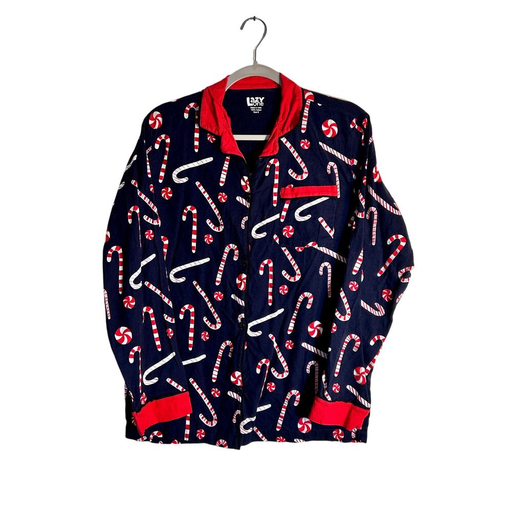 Lazy One Pajama Top Unisex Small Blue Candy Cane Christmas Button Up Holiday
